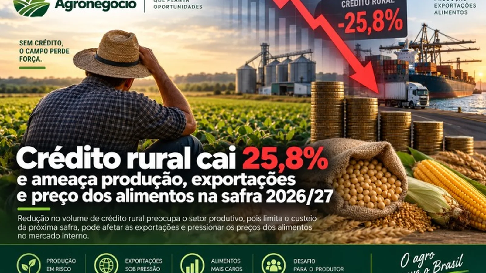 Crédito rural cai 25,8% e ameaça produção, exportações e preço dos alimentos na safra 2026/27
