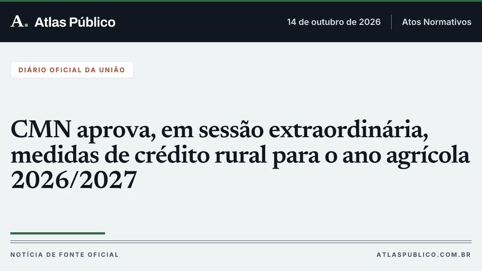 CMN aprova, em sessão extraordinária, medidas de crédito rural para o ano agrícola 2026/2027